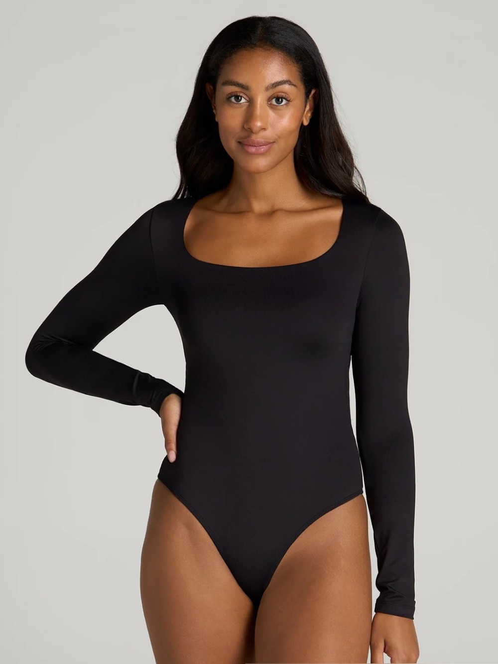 American Tall - Black Long Sleeve Square Neck Bodysuit for Tall Women Size M